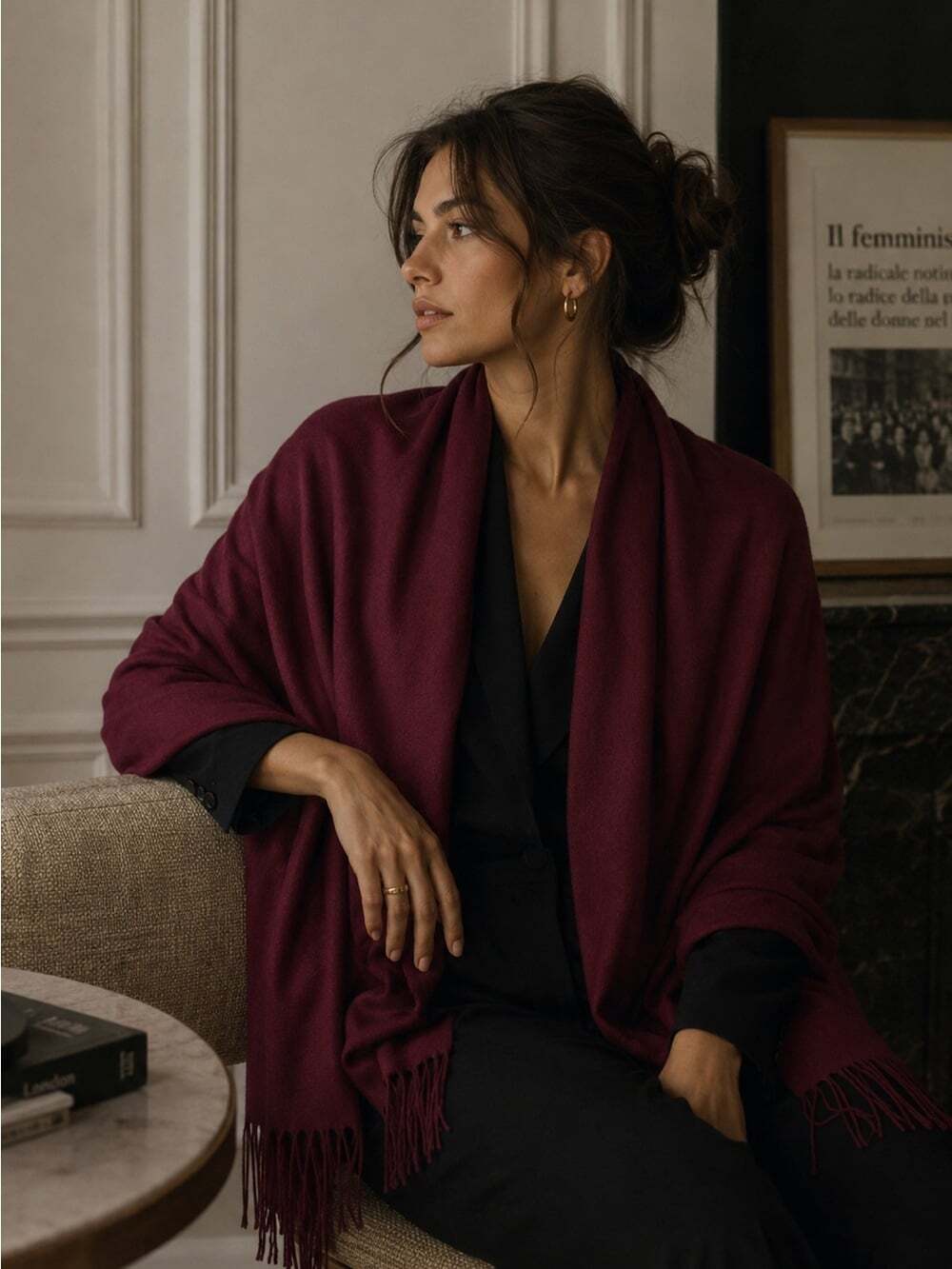 Cashmere Elegant Fringe Wrap Scarf in Burgundy One Size Quiet Luxury Minimalist